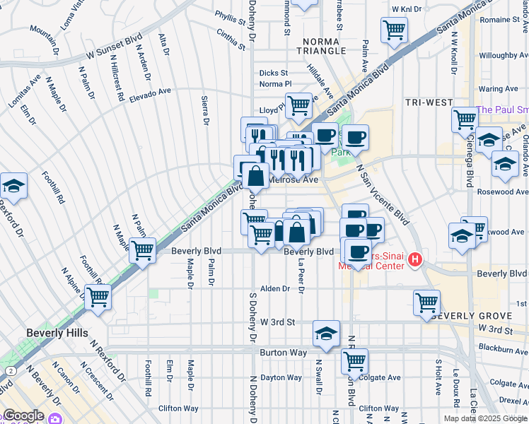 map of restaurants, bars, coffee shops, grocery stores, and more near 9034 Ashcroft Avenue in West Hollywood