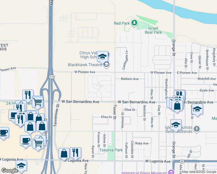 map of restaurants, bars, coffee shops, grocery stores, and more near 835 Orangedale Avenue in Redlands