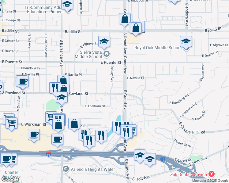 map of restaurants, bars, coffee shops, grocery stores, and more near 19323 East Rowland Street in Covina