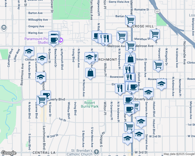 map of restaurants, bars, coffee shops, grocery stores, and more near 5030 Rosewood Avenue in Los Angeles