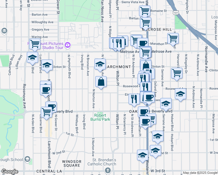 map of restaurants, bars, coffee shops, grocery stores, and more near 5030 Rosewood Avenue in Los Angeles