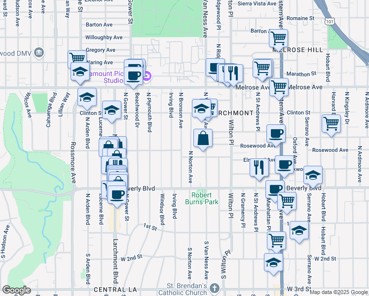 map of restaurants, bars, coffee shops, grocery stores, and more near 403 North Norton Avenue in Los Angeles