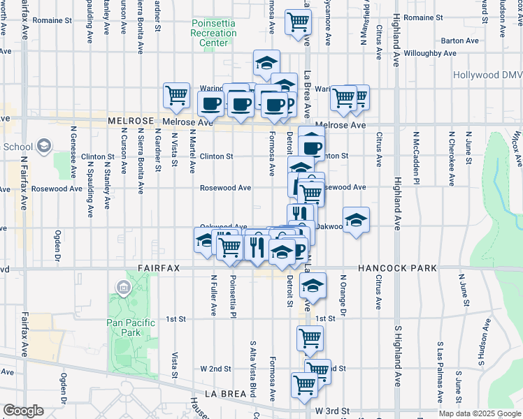 map of restaurants, bars, coffee shops, grocery stores, and more near 428 North Alta Vista Boulevard in Los Angeles