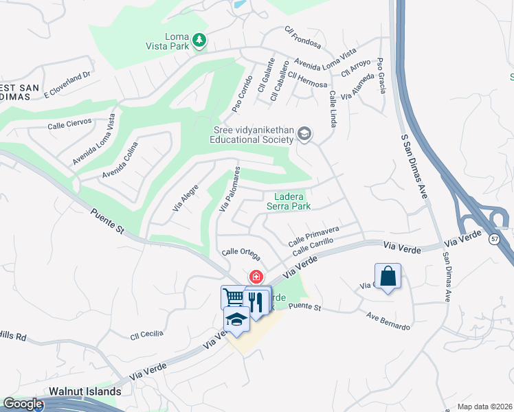 map of restaurants, bars, coffee shops, grocery stores, and more near 1722 Calle Alto in San Dimas