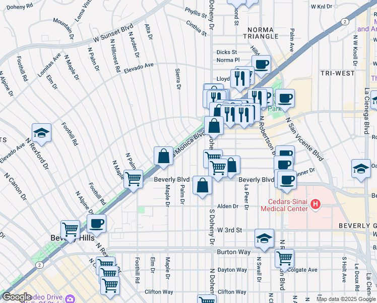 map of restaurants, bars, coffee shops, grocery stores, and more near 460 North Palm Drive in Beverly Hills