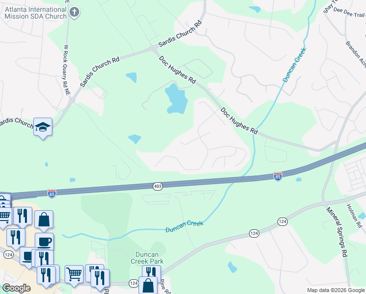 map of restaurants, bars, coffee shops, grocery stores, and more near 4137 Rovello Way Northeast in Buford
