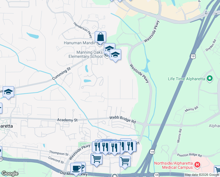 map of restaurants, bars, coffee shops, grocery stores, and more near 711 Wedgewood Drive in Alpharetta