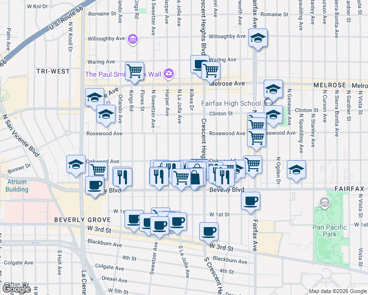 map of restaurants, bars, coffee shops, grocery stores, and more near 411 North La Jolla Avenue in Los Angeles