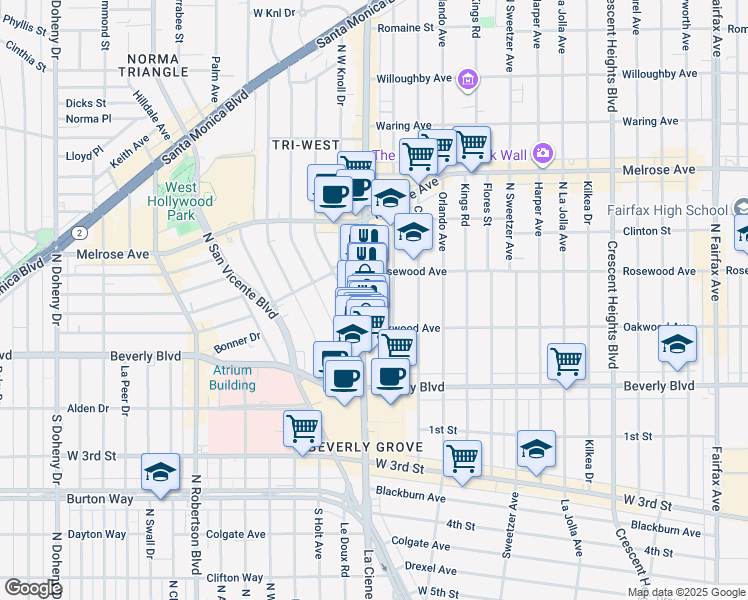 map of restaurants, bars, coffee shops, grocery stores, and more near 415 North Alfred Street in West Hollywood