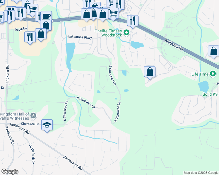 map of restaurants, bars, coffee shops, grocery stores, and more near 117 Villanueva Road in Woodstock