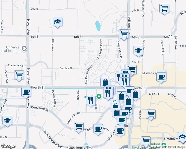 map of restaurants, bars, coffee shops, grocery stores, and more near 8608 Utica Avenue in Rancho Cucamonga