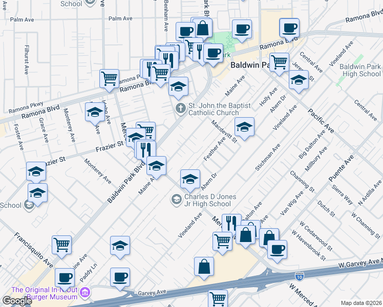 map of restaurants, bars, coffee shops, grocery stores, and more near 3677 Paddy Lane in Baldwin Park