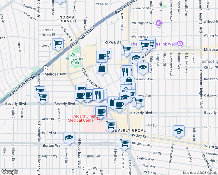 map of restaurants, bars, coffee shops, grocery stores, and more near Huntley Drive in West Hollywood