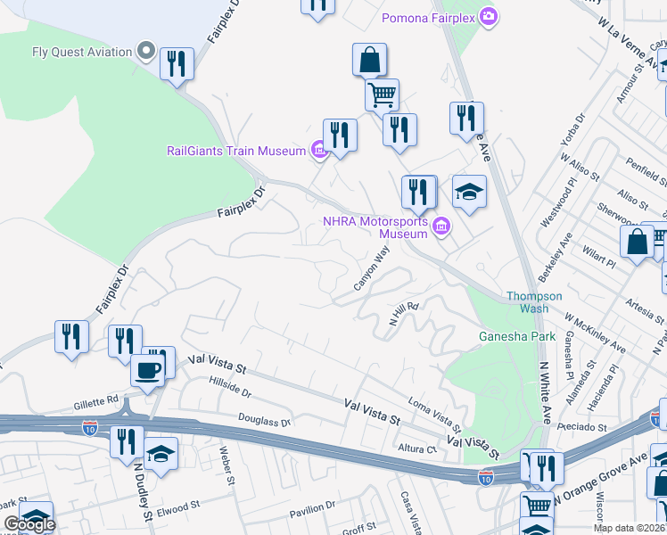 map of restaurants, bars, coffee shops, grocery stores, and more near 1276 Hillcrest Drive in Pomona