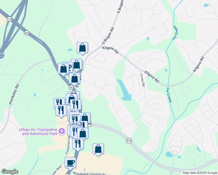 map of restaurants, bars, coffee shops, grocery stores, and more near 3455 Coles Creek Drive in Buford