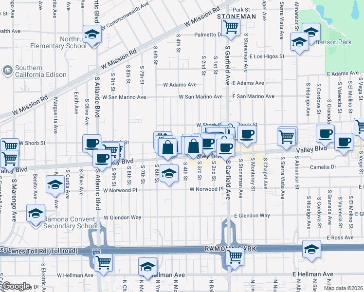 map of restaurants, bars, coffee shops, grocery stores, and more near 1241 South 4th Street in Alhambra
