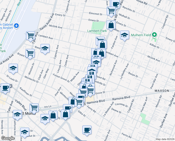 map of restaurants, bars, coffee shops, grocery stores, and more near 4104 Elrovia Avenue in El Monte