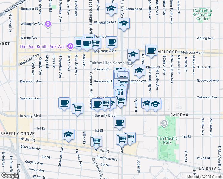 map of restaurants, bars, coffee shops, grocery stores, and more near 435 North Hayworth Avenue in Los Angeles