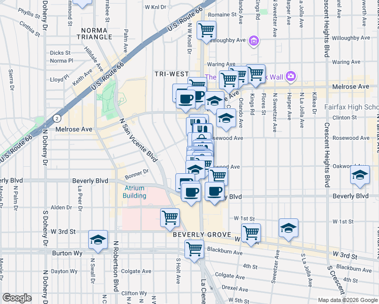 map of restaurants, bars, coffee shops, grocery stores, and more near 435 Westmount Drive in West Hollywood