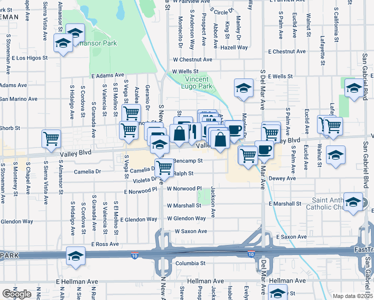 map of restaurants, bars, coffee shops, grocery stores, and more near 405 West Bencamp Street in San Gabriel