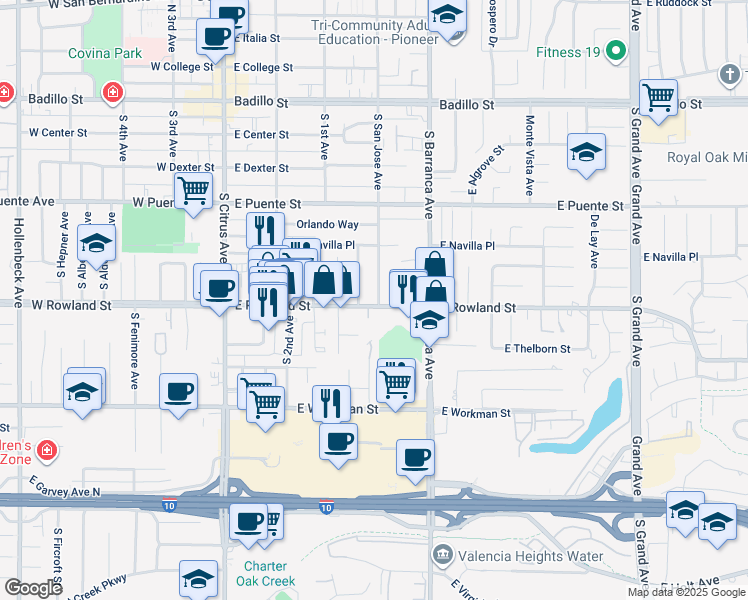 map of restaurants, bars, coffee shops, grocery stores, and more near 382 East Rowland Street in Covina