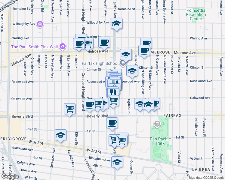 map of restaurants, bars, coffee shops, grocery stores, and more near 410 North Hayworth Avenue in Los Angeles