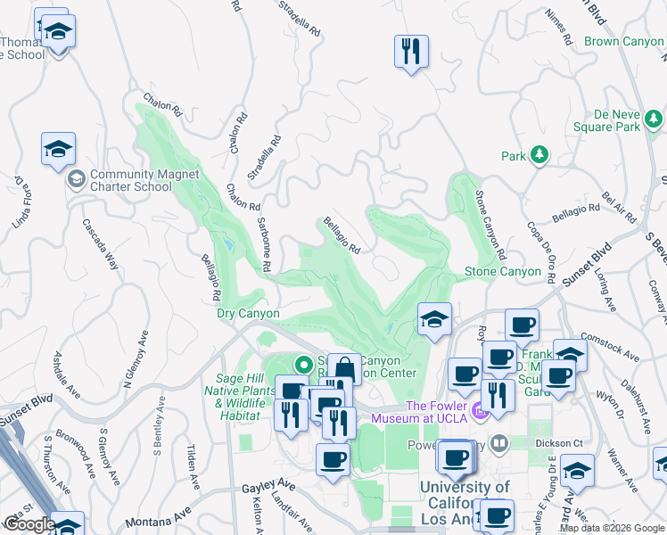 map of restaurants, bars, coffee shops, grocery stores, and more near 10768 Bellagio Road in Los Angeles