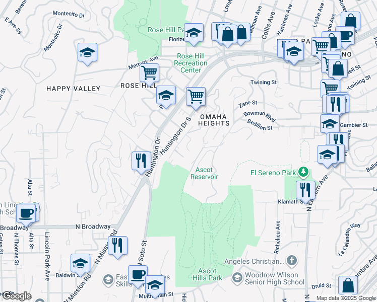 map of restaurants, bars, coffee shops, grocery stores, and more near O Neill Street in Los Angeles