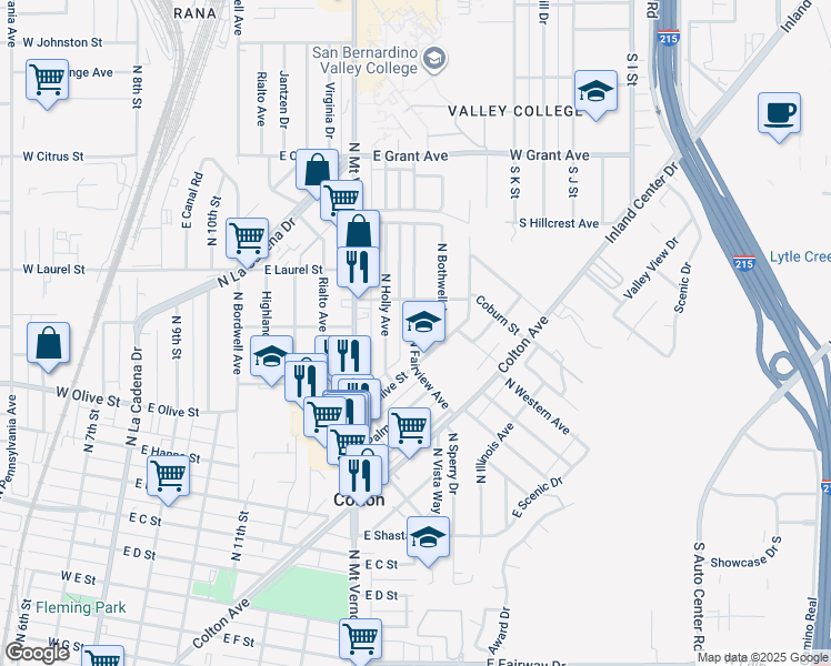 map of restaurants, bars, coffee shops, grocery stores, and more near 1215 North Fairview Avenue in Colton