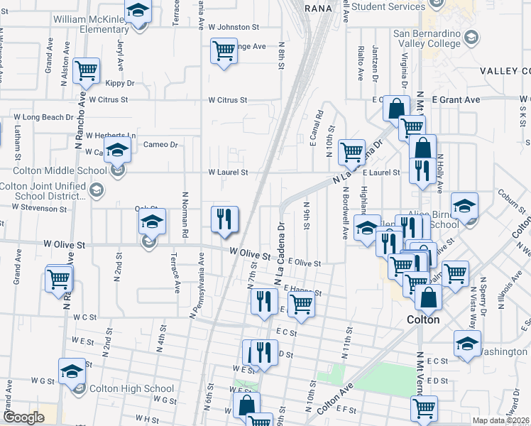 map of restaurants, bars, coffee shops, grocery stores, and more near 1151 North La Cadena Drive in Colton