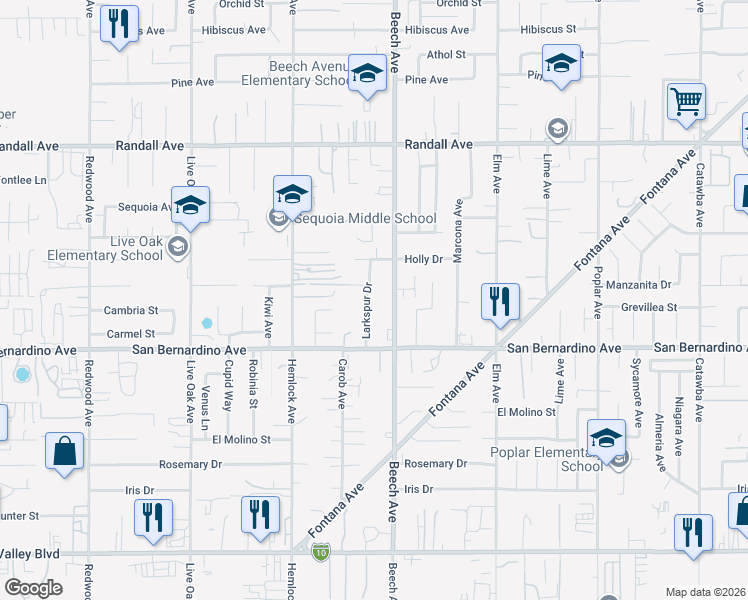 map of restaurants, bars, coffee shops, grocery stores, and more near 9660 Larkspur Drive in Fontana