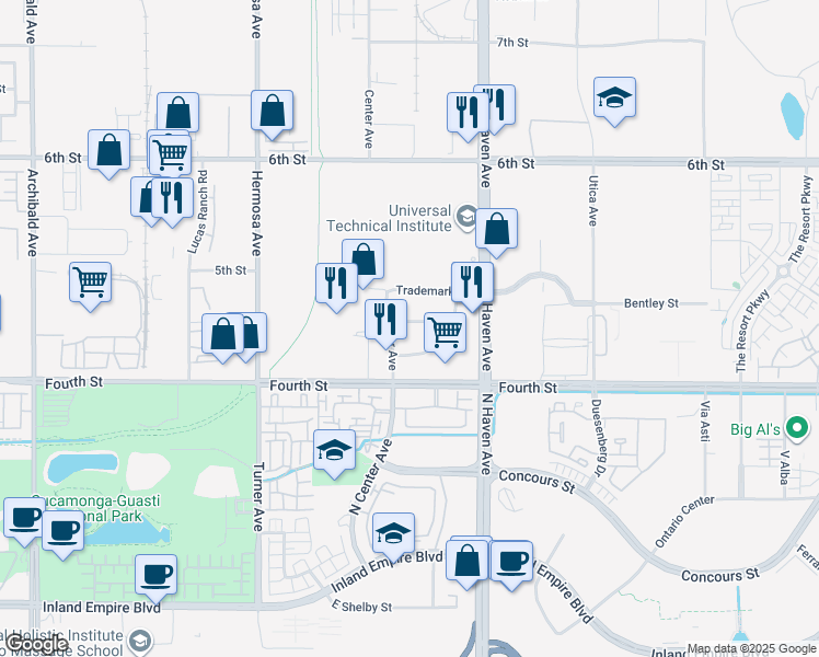 map of restaurants, bars, coffee shops, grocery stores, and more near 10378 Commerce Center Drive in Rancho Cucamonga