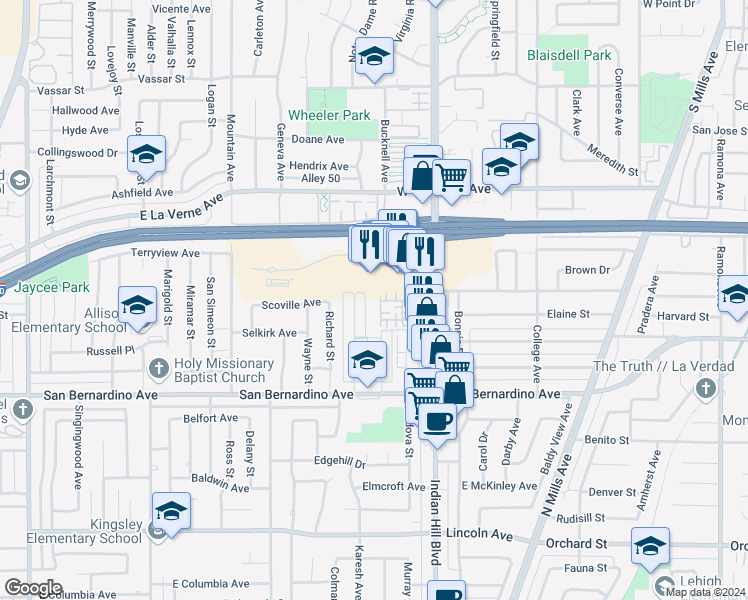 map of restaurants, bars, coffee shops, grocery stores, and more near 1445 Cobblestone Lane in Pomona