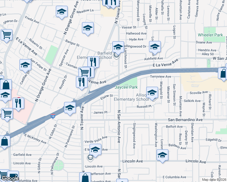 map of restaurants, bars, coffee shops, grocery stores, and more near 1997 Cloverdale Drive in Pomona