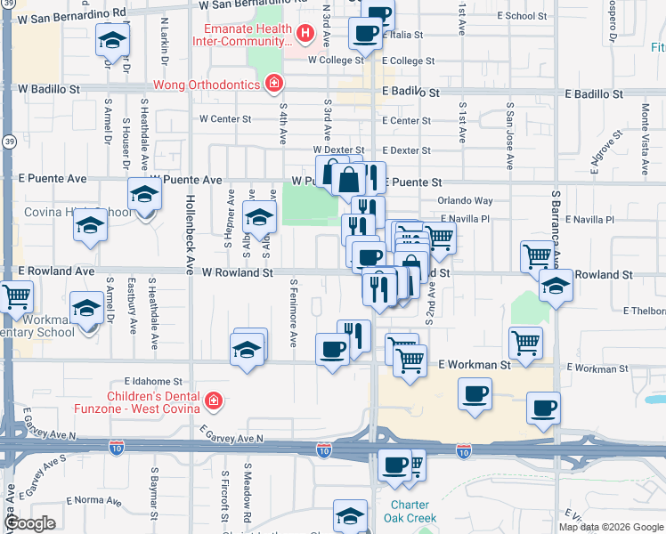 map of restaurants, bars, coffee shops, grocery stores, and more near 611 South Edenfield Avenue in Covina