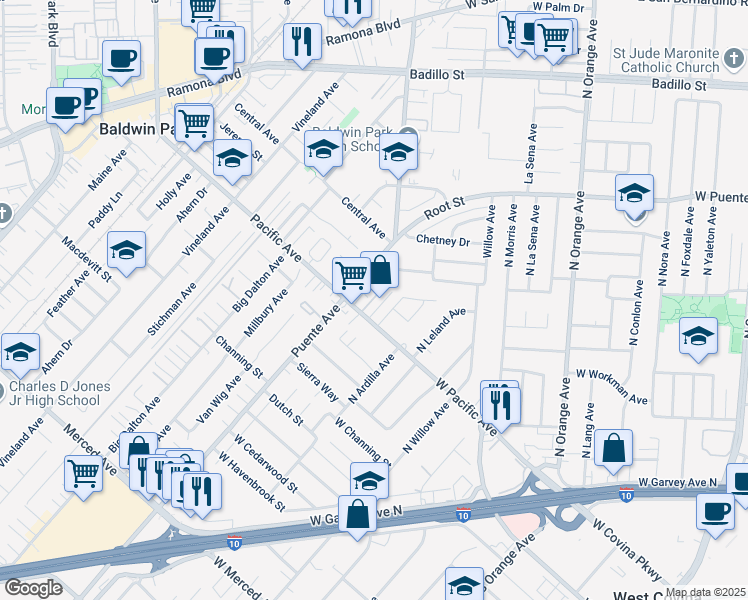 map of restaurants, bars, coffee shops, grocery stores, and more near 3703 Mayland Avenue in Baldwin Park