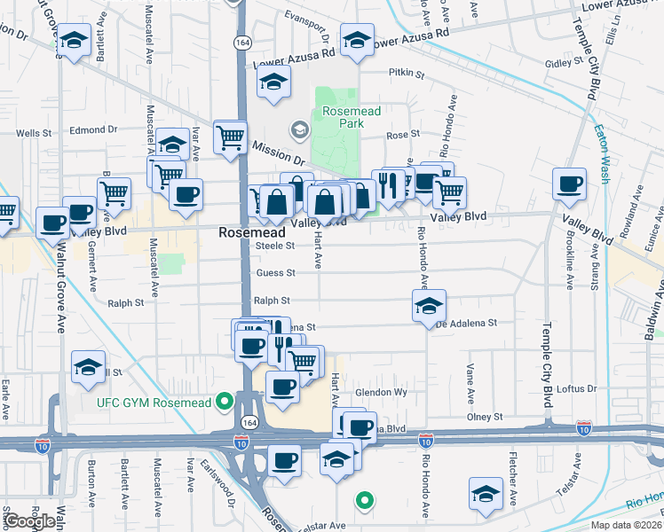 map of restaurants, bars, coffee shops, grocery stores, and more near 3860 Hart Avenue in Rosemead