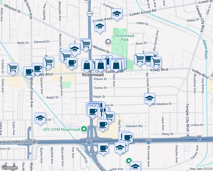 map of restaurants, bars, coffee shops, grocery stores, and more near 9112 Guess Street in Rosemead