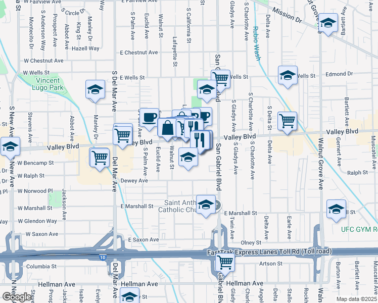 map of restaurants, bars, coffee shops, grocery stores, and more near 1634 Alegro Square in San Gabriel