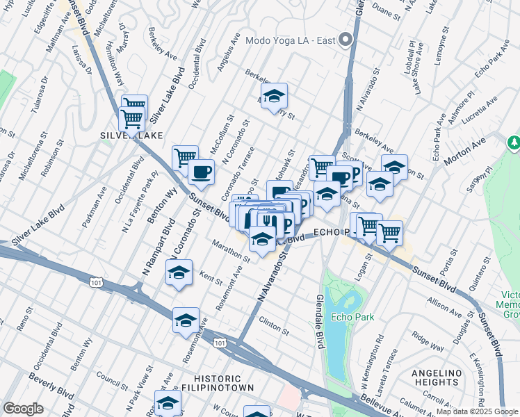 map of restaurants, bars, coffee shops, grocery stores, and more near 2237 Sunset Boulevard in Los Angeles