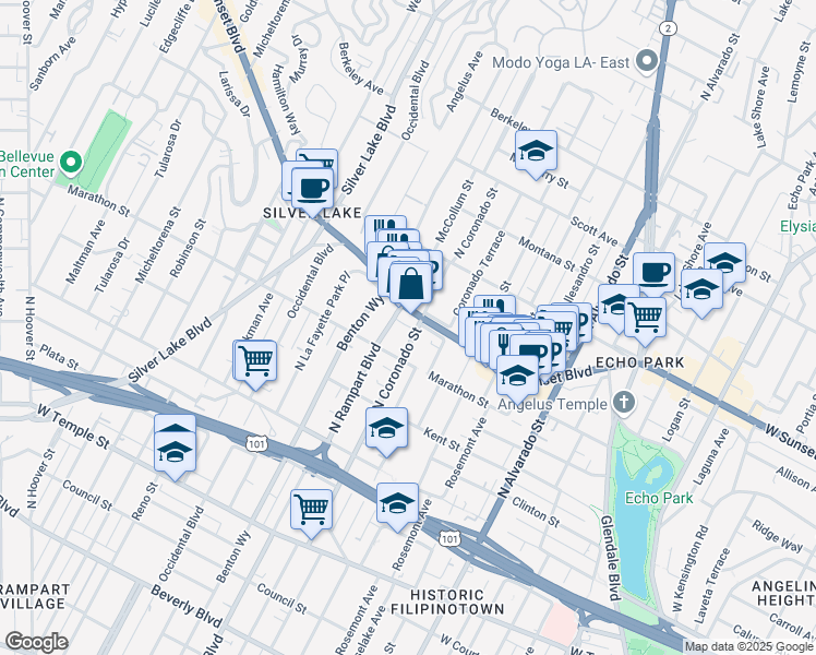 map of restaurants, bars, coffee shops, grocery stores, and more near 1018 North Coronado Street in Los Angeles