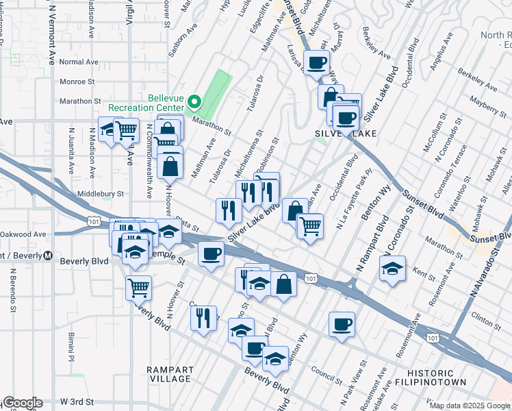 map of restaurants, bars, coffee shops, grocery stores, and more near in Los Angeles