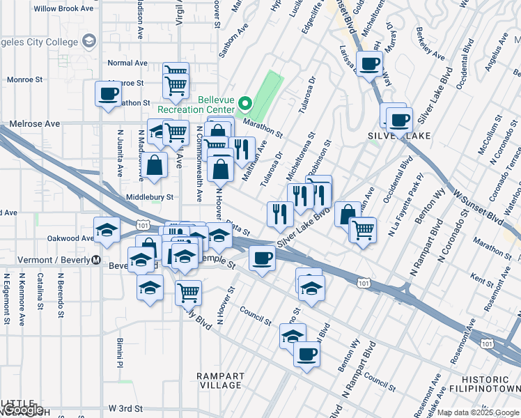 map of restaurants, bars, coffee shops, grocery stores, and more near 3422 London Street in Los Angeles
