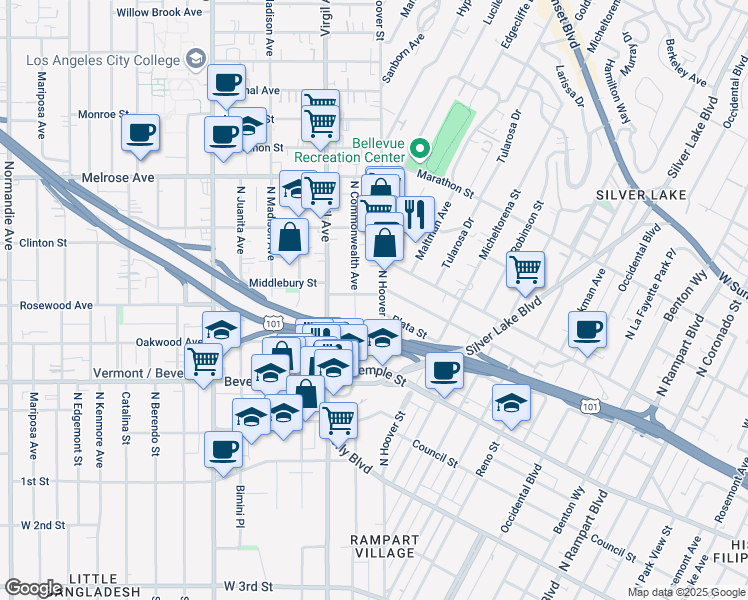map of restaurants, bars, coffee shops, grocery stores, and more near 420 North Commonwealth Avenue in Los Angeles