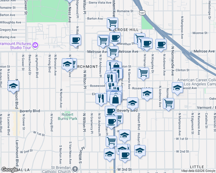 map of restaurants, bars, coffee shops, grocery stores, and more near 401 North Western Avenue in Los Angeles