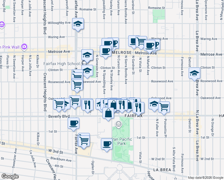 map of restaurants, bars, coffee shops, grocery stores, and more near 408 North Stanley Avenue in Los Angeles