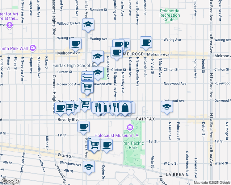 map of restaurants, bars, coffee shops, grocery stores, and more near 411 North Spaulding Avenue in Los Angeles