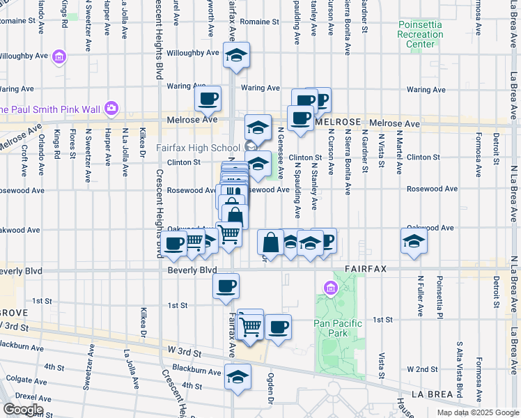 map of restaurants, bars, coffee shops, grocery stores, and more near 408 North Ogden Drive in Los Angeles
