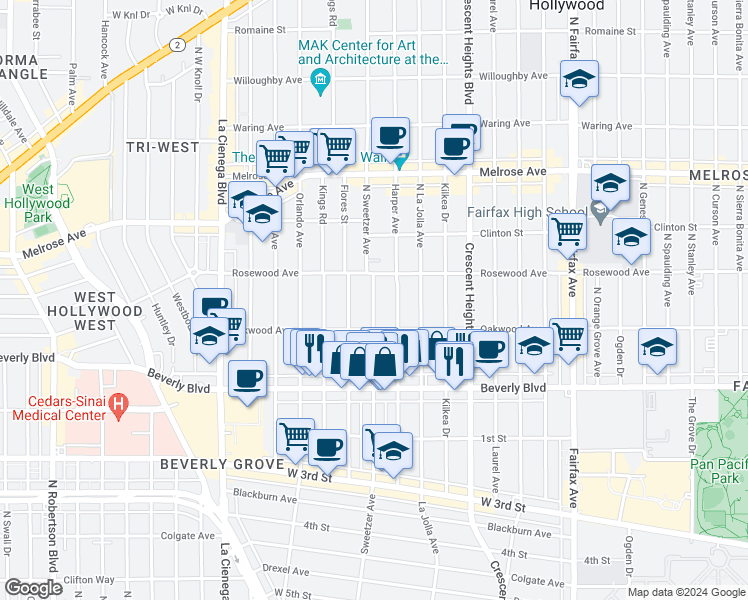 map of restaurants, bars, coffee shops, grocery stores, and more near 411 North Harper Avenue in Los Angeles