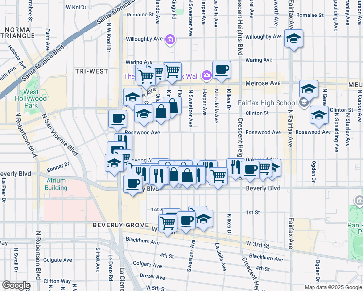 map of restaurants, bars, coffee shops, grocery stores, and more near 410 North Flores Street in Los Angeles